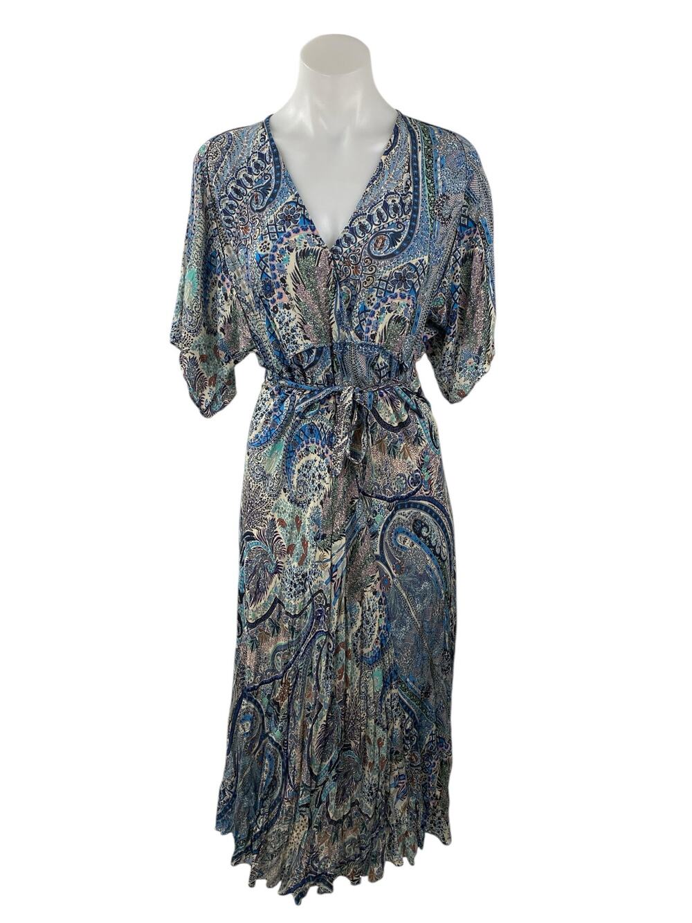 Ba&sh Blue Paisley Print Half Sleeve V Neck Tie Waist A Line Midi Dress Size XS